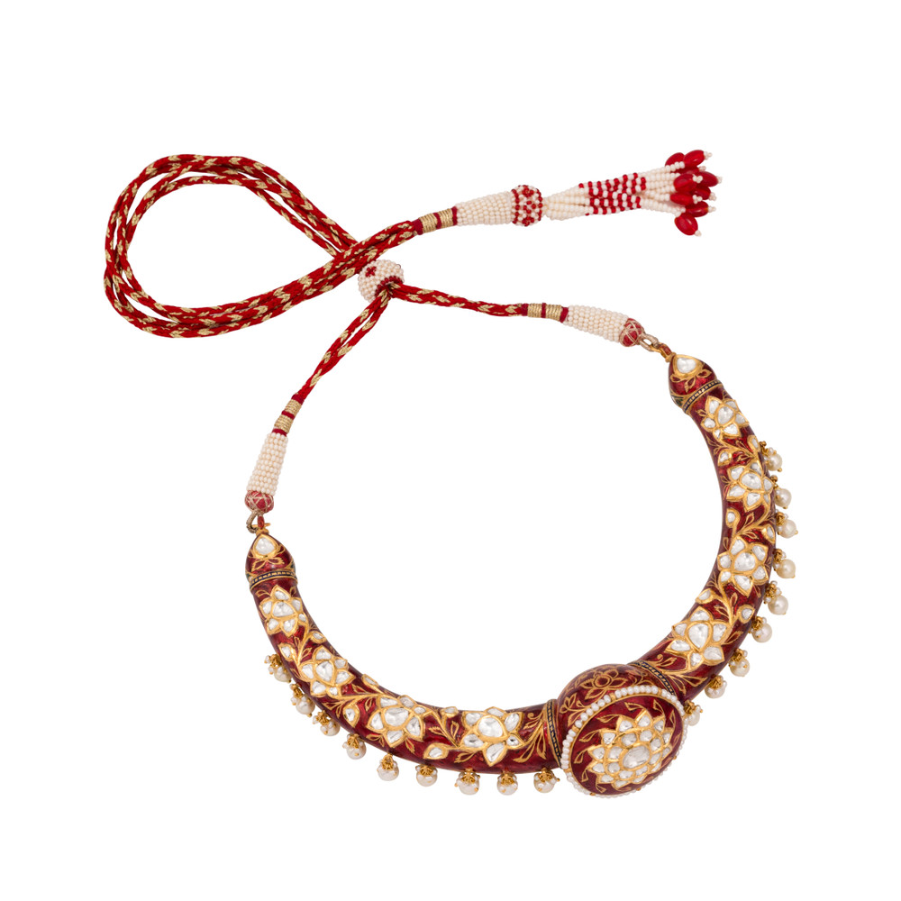 Floral Polki Hasli in Red Enamel with Pearl Drops